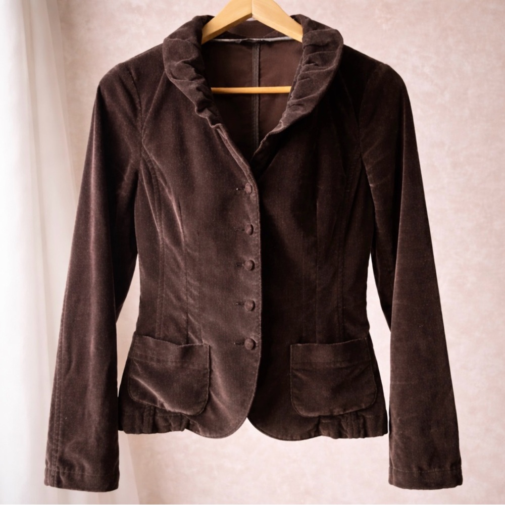 Brown Blazer Women XS Ruffle Collar Button Front Jacket Vintage Style